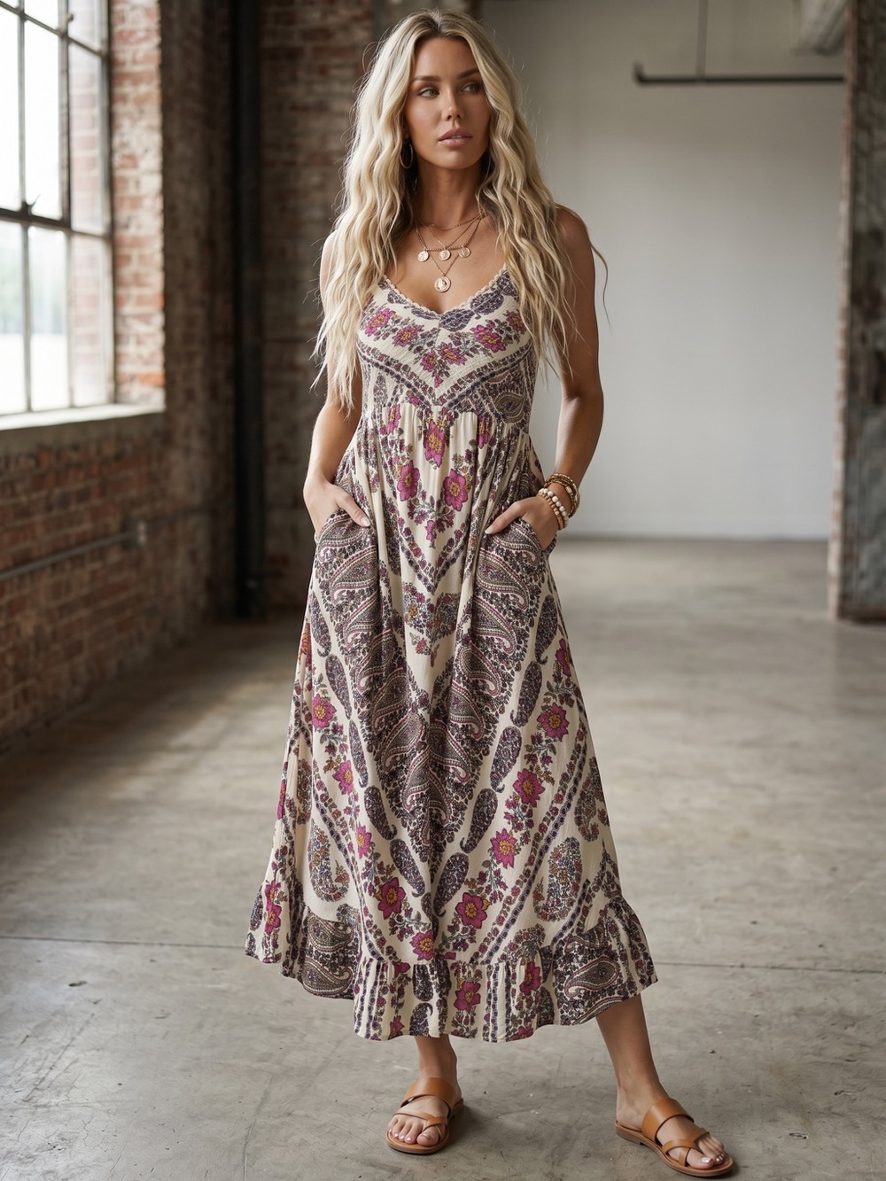 NWT Angie Smocked Bodice Midi Dress Boho Floral Print Festival Style - Picture 4 of 5